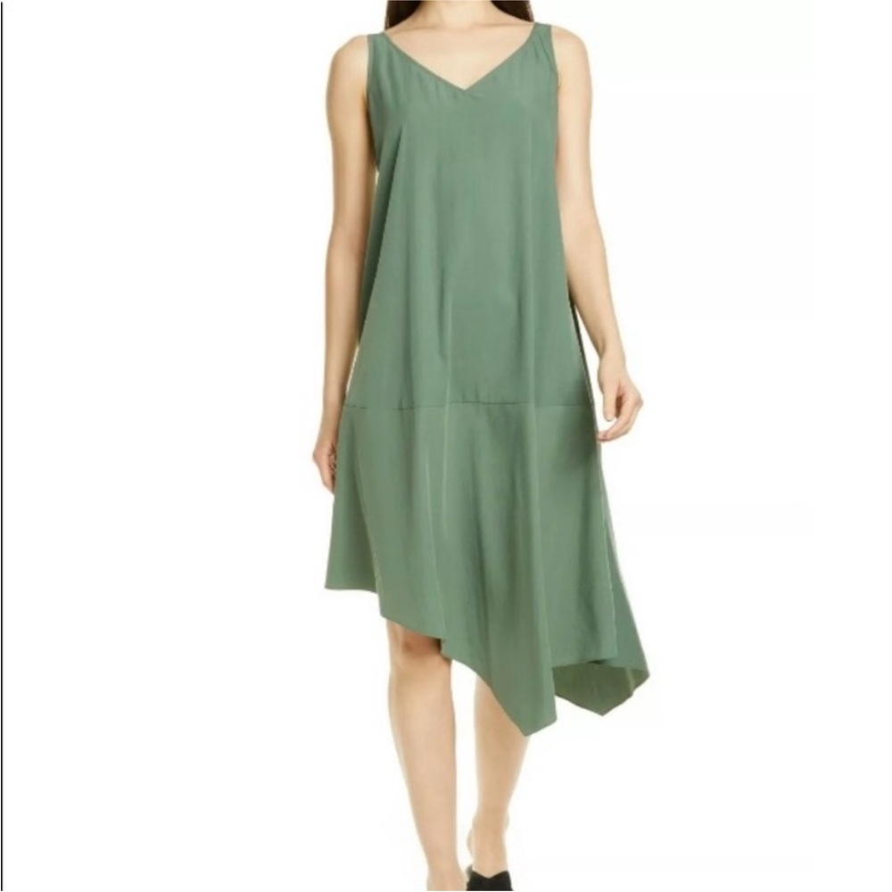 Eileen Fisher XL Extra Large V Neck Asymmetrical Sandwashed Tencel Dress Green